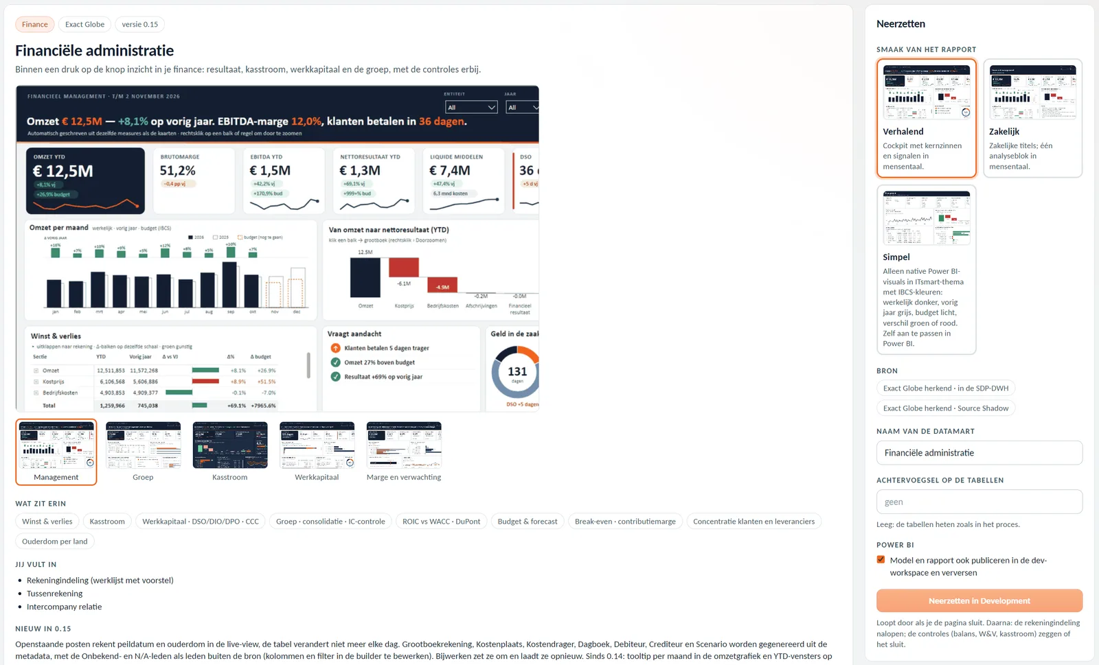 De set Financiële administratie in onze bouwomgeving, met het managementdashboard en de keuzes voor stijl, bron en naam van de datamart. Fictieve cijfers uit onze demo-omgeving.